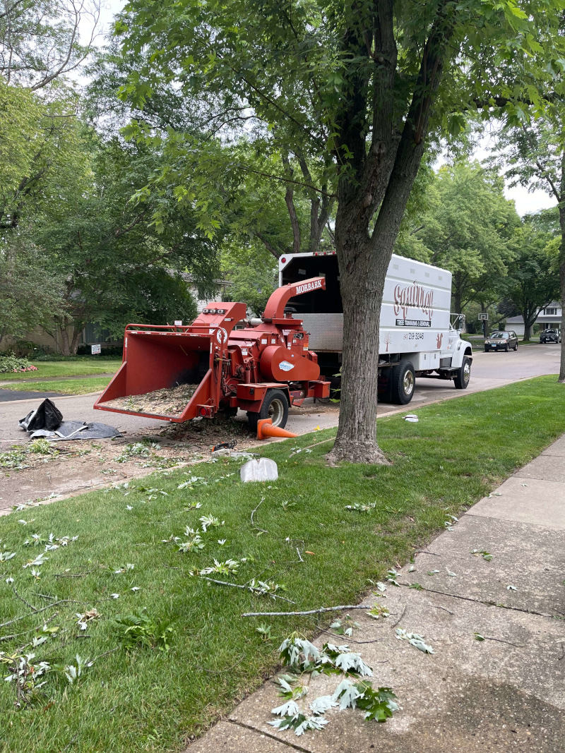 Wood chipper processing brush and branches on a Zion, IL job site
